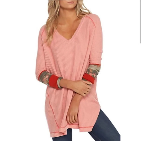 Free People We The Free Peach Thermal Lovin Leopard Thermal Top Print Cuffs - Picture 1 of 9